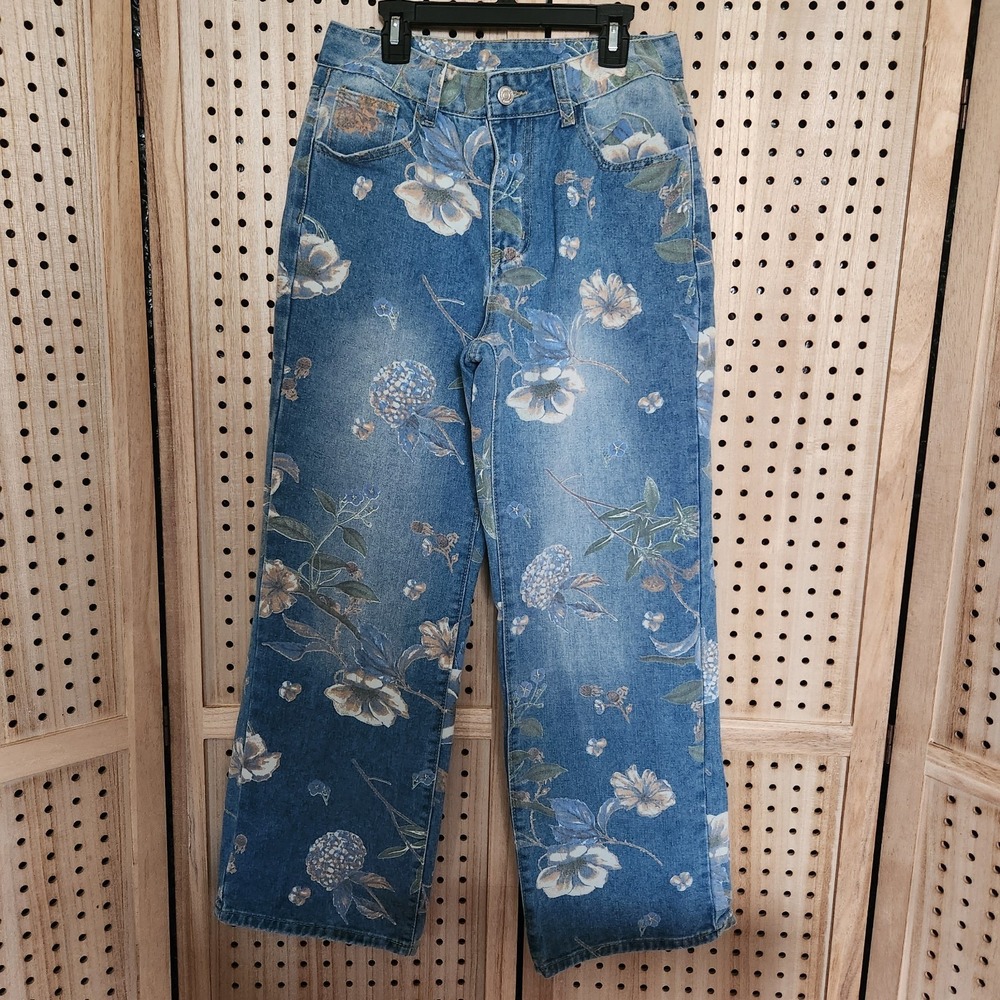 Floral Print Wide Leg Jeans Women's S Blue High Rise Denim Pants Uminow Nwot